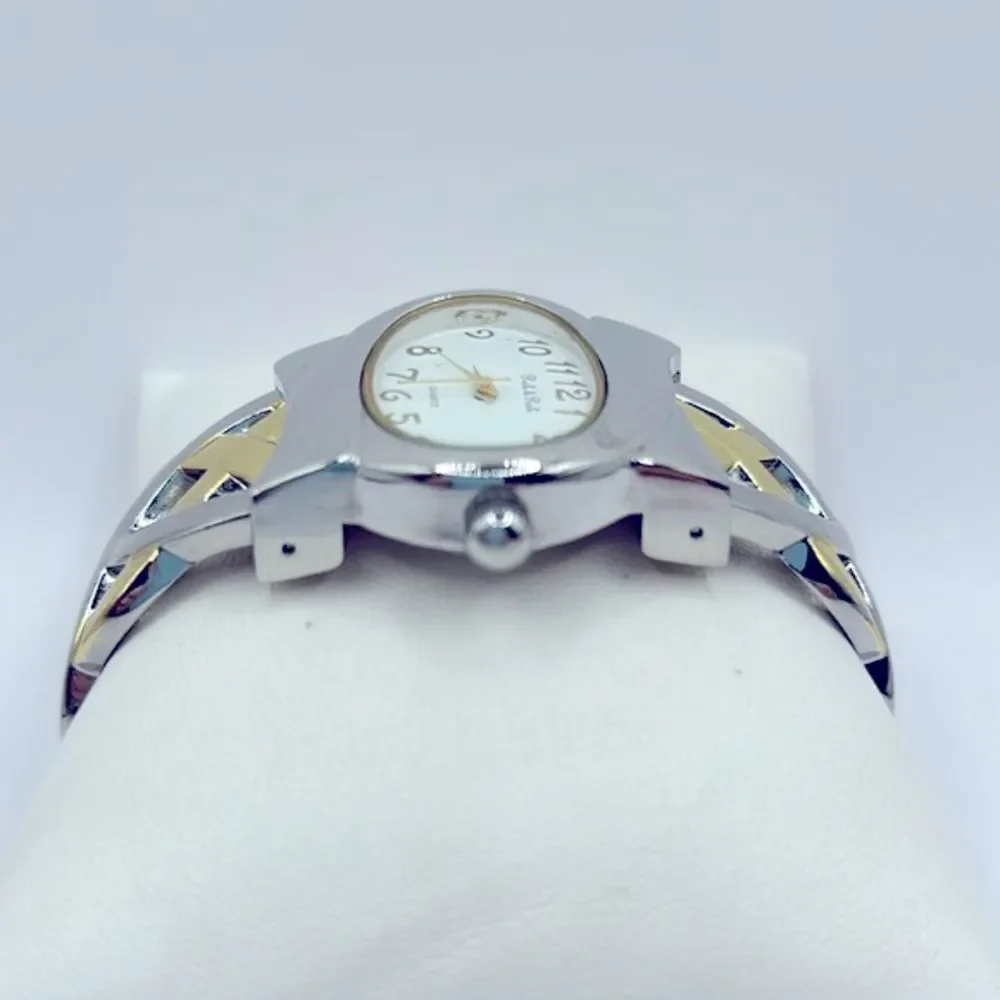 Working! Peck & Peck Two Tone Braided Metal Cuff Bracelet Watch